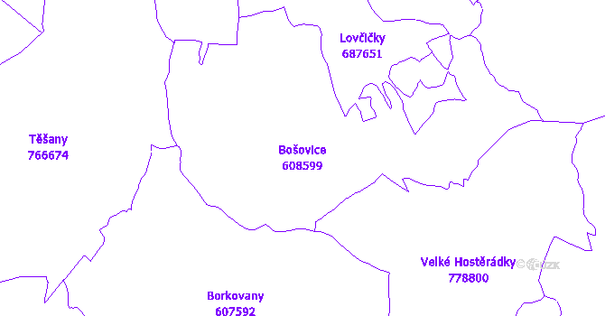 Katastrální mapa Bošovice - přehledová mapa katastrálního území