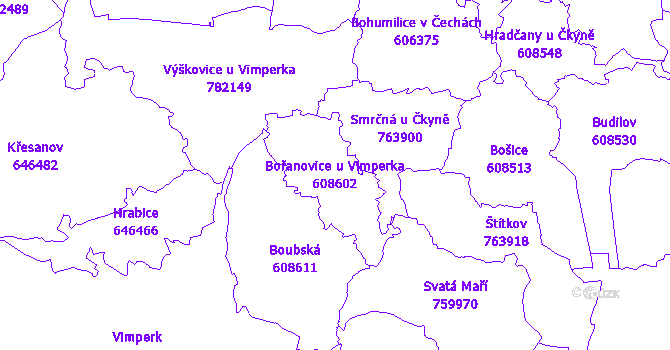 Katastrální mapa Bořanovice u Vimperka - přehledová mapa katastrálního území