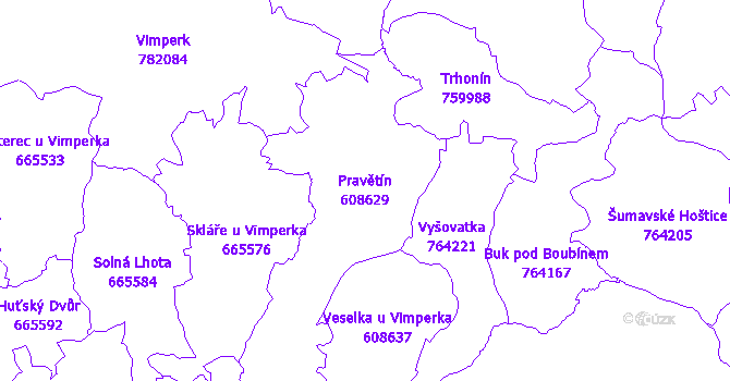 Katastrální mapa Pravětín - přehledová mapa katastrálního území