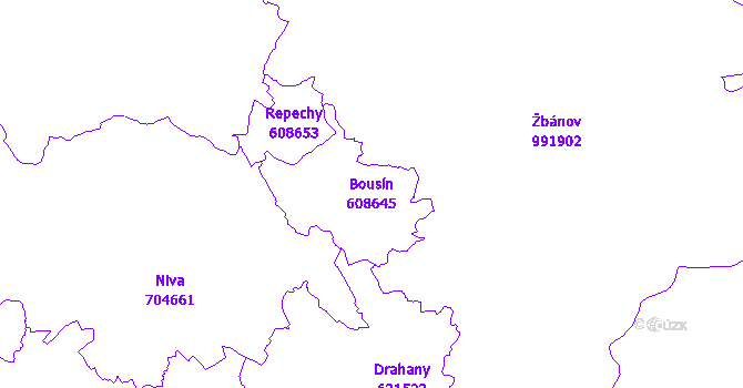 Katastrální mapa Bousín - přehledová mapa katastrálního území