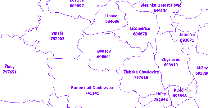 Katastrální mapa Bousov - přehledová mapa katastrálního území