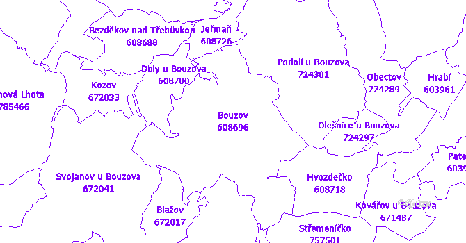 Katastrální mapa Bouzov - přehledová mapa katastrálního území