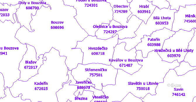 Katastrální mapa Hvozdečko - přehledová mapa katastrálního území