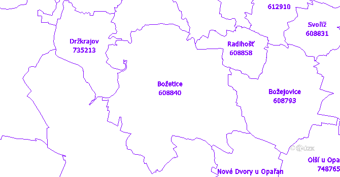 Katastrální mapa Božetice - přehledová mapa katastrálního území