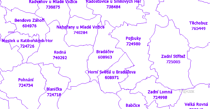 Katastrální mapa Bradáčov - přehledová mapa katastrálního území