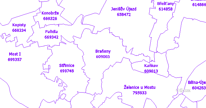 Katastrální mapa Braňany - přehledová mapa katastrálního území
