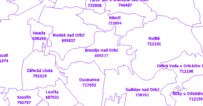 Katastrální mapa Brandýs nad Orlicí - přehledová mapa katastrálního území