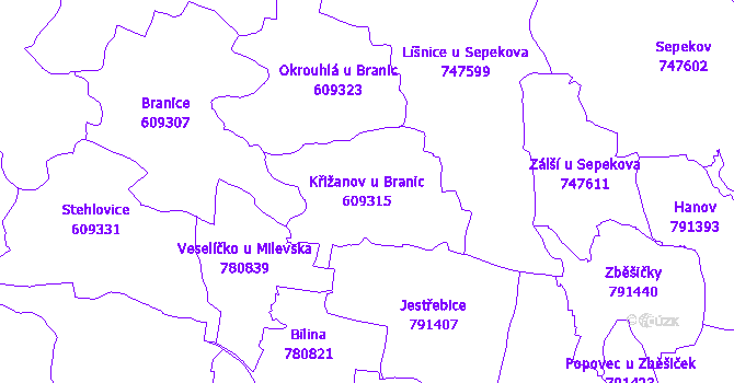 Katastrální mapa Křižanov u Branic - přehledová mapa katastrálního území