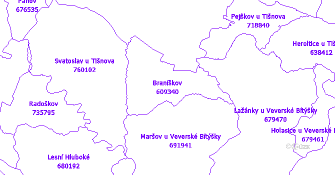 Katastrální mapa Braníškov - přehledová mapa katastrálního území