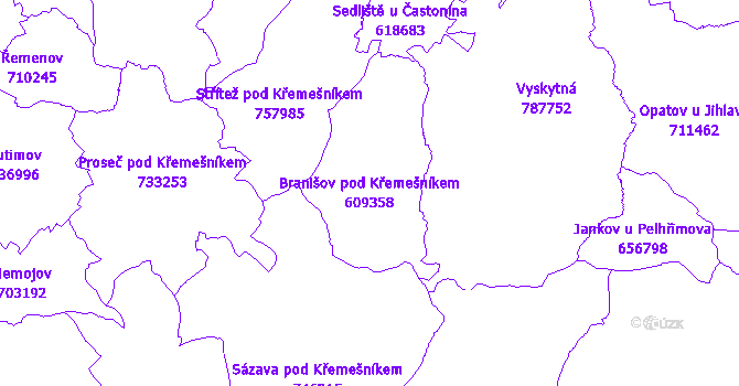 Katastrální mapa Branišov pod Křemešníkem - přehledová mapa katastrálního území