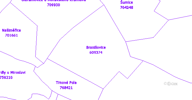 Katastrální mapa Branišovice - přehledová mapa katastrálního území