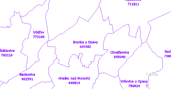 Katastrální mapa Branka u Opavy - přehledová mapa katastrálního území