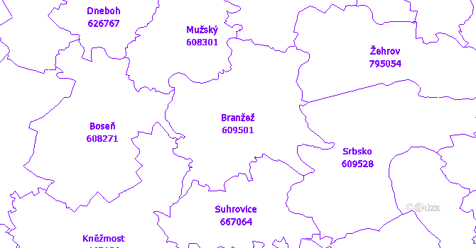 Katastrální mapa Branžež - přehledová mapa katastrálního území