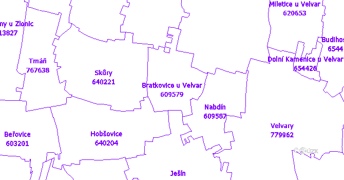 Katastrální mapa Bratkovice u Velvar - přehledová mapa katastrálního území