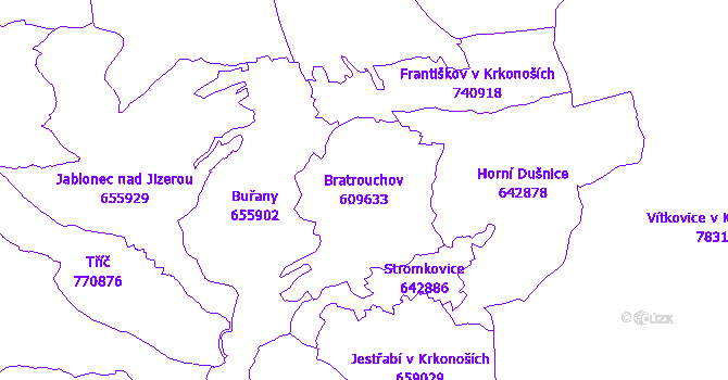 Katastrální mapa Bratrouchov - přehledová mapa katastrálního území
