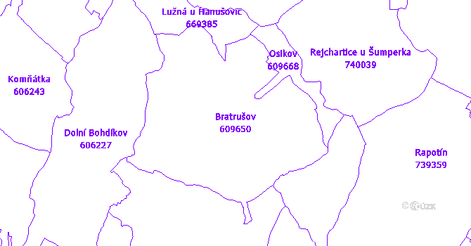 Katastrální mapa Bratrušov - přehledová mapa katastrálního území