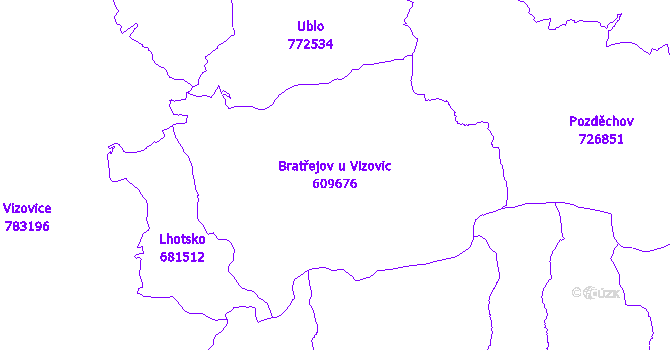 Katastrální mapa Bratřejov u Vizovic - přehledová mapa katastrálního území