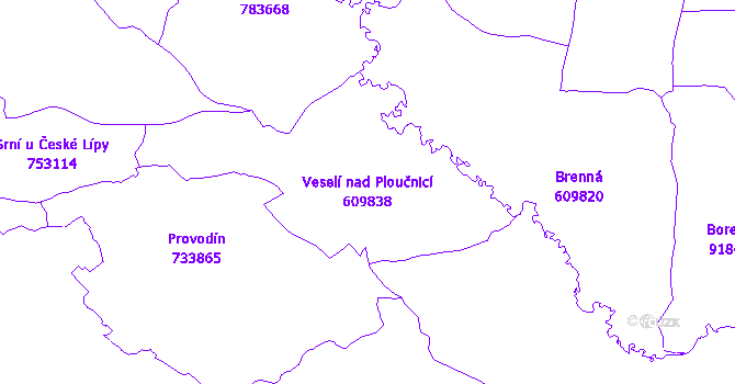 Katastrální mapa Veselí nad Ploučnicí - přehledová mapa katastrálního území