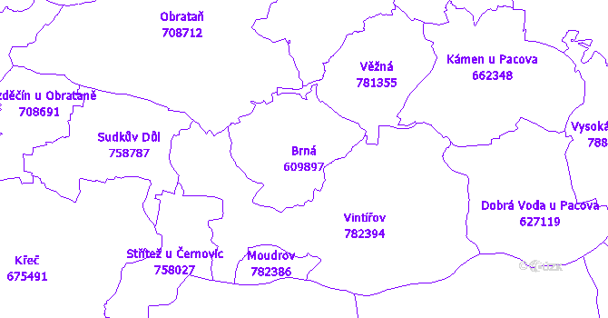 Katastrální mapa Brná - přehledová mapa katastrálního území
