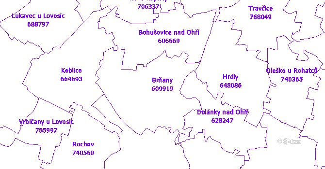Katastrální mapa Brňany - přehledová mapa katastrálního území
