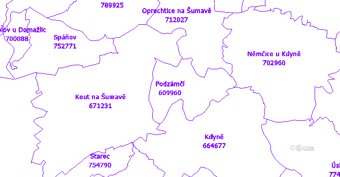 Katastrální mapa Podzámčí - přehledová mapa katastrálního území