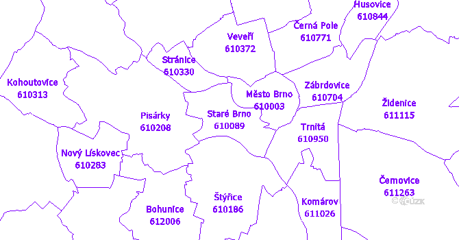Katastrální mapa Staré Brno - přehledová mapa katastrálního území
