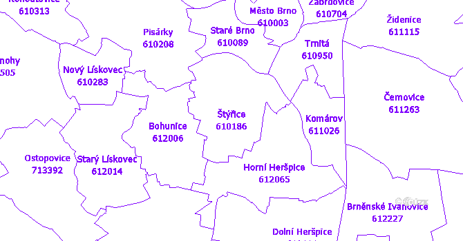 Katastrální mapa Štýřice - přehledová mapa katastrálního území