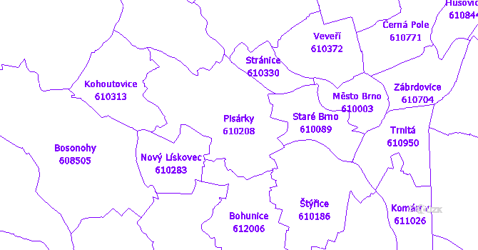 Katastrální mapa Pisárky - přehledová mapa katastrálního území