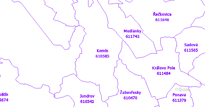 Katastrální mapa Komín - přehledová mapa katastrálního území