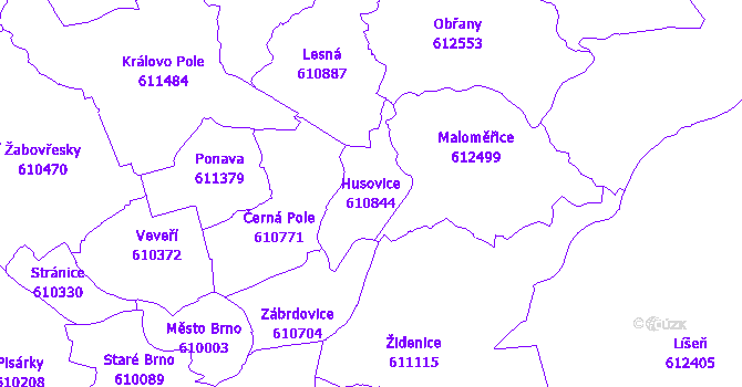 Katastrální mapa Husovice - přehledová mapa katastrálního území
