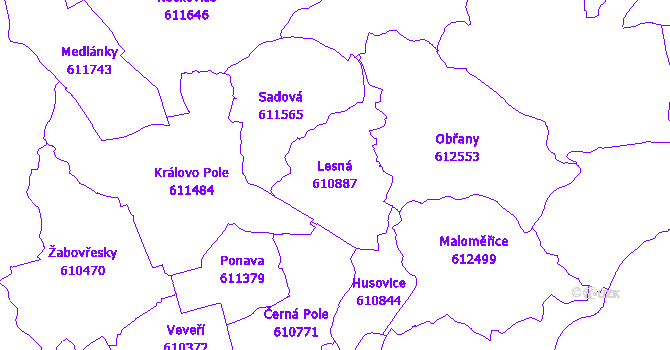 Katastrální mapa Lesná - přehledová mapa katastrálního území