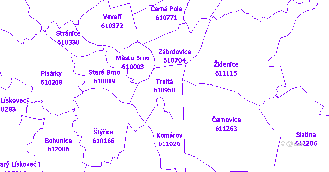 Katastrální mapa Trnitá - přehledová mapa katastrálního území