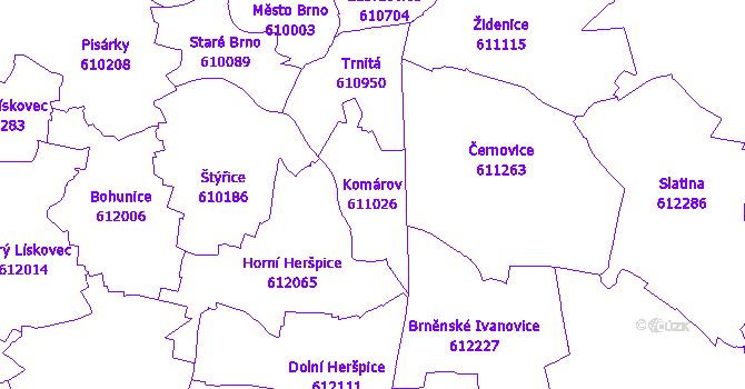 Katastrální mapa Komárov - přehledová mapa katastrálního území