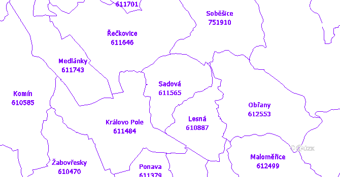 Katastrální mapa Sadová - přehledová mapa katastrálního území