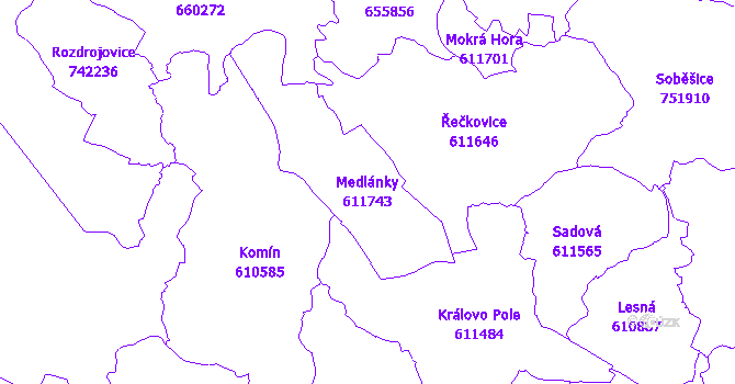 Katastrální mapa Medlánky - přehledová mapa katastrálního území
