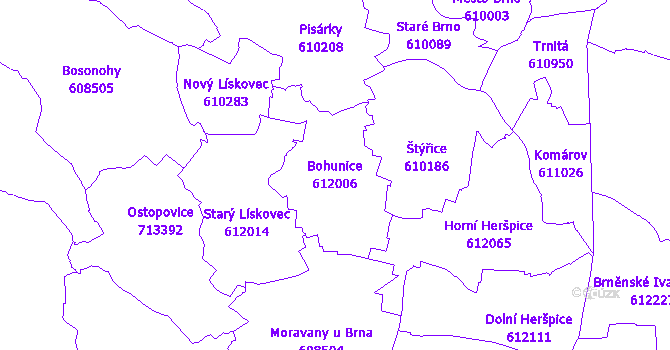 Katastrální mapa Bohunice - přehledová mapa katastrálního území