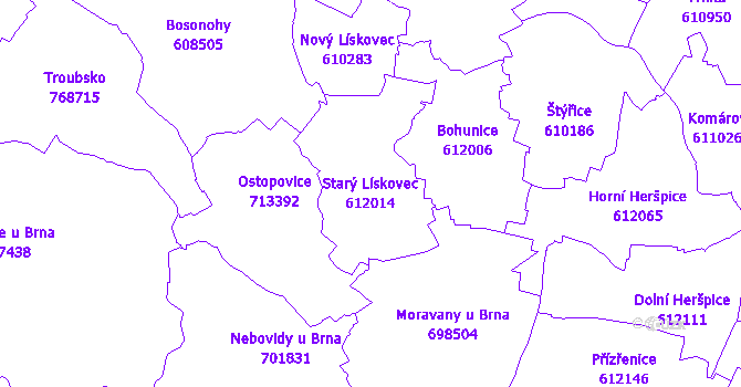 Katastrální mapa Starý Lískovec - přehledová mapa katastrálního území