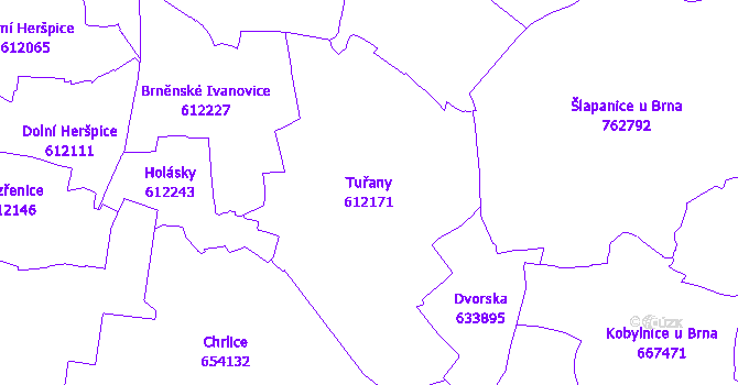 Katastrální mapa Tuřany - přehledová mapa katastrálního území