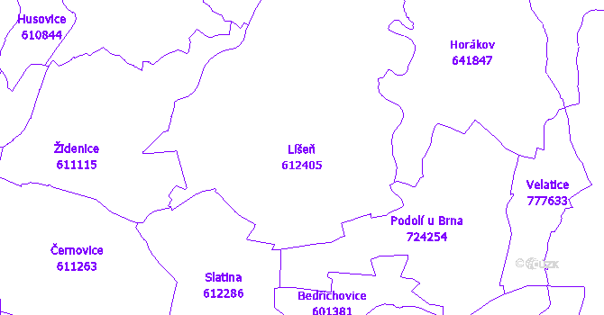 Katastrální mapa Líšeň - přehledová mapa katastrálního území