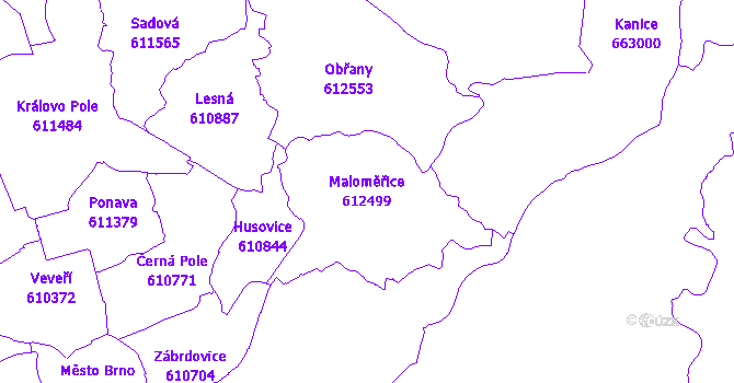 Katastrální mapa Maloměřice - přehledová mapa katastrálního území