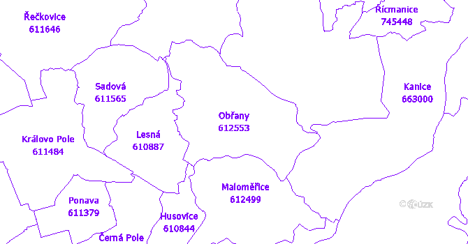 Katastrální mapa Obřany - přehledová mapa katastrálního území
