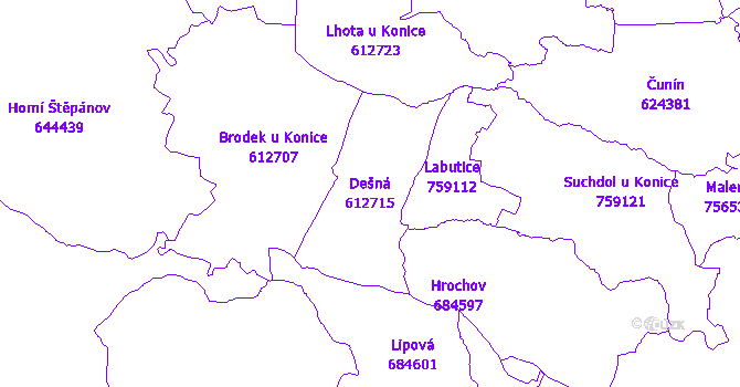 Katastrální mapa Dešná - přehledová mapa katastrálního území