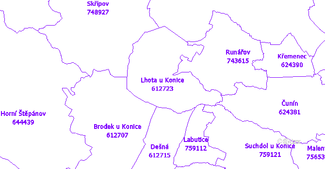 Katastrální mapa Lhota u Konice - přehledová mapa katastrálního území