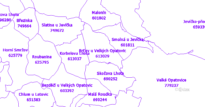 Katastrální mapa Brťov u Velkých Opatovic - přehledová mapa katastrálního území