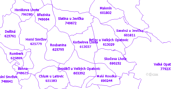 Katastrální mapa Korbelova Lhota - přehledová mapa katastrálního území