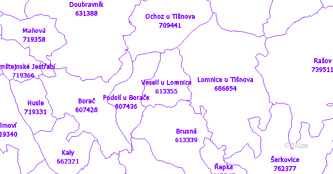 Katastrální mapa Veselí u Lomnice - přehledová mapa katastrálního území