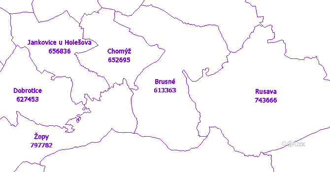 Katastrální mapa Brusné - přehledová mapa katastrálního území