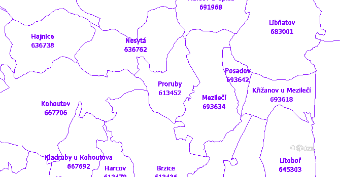 Katastrální mapa Proruby - přehledová mapa katastrálního území