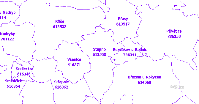 Katastrální mapa Stupno - přehledová mapa katastrálního území