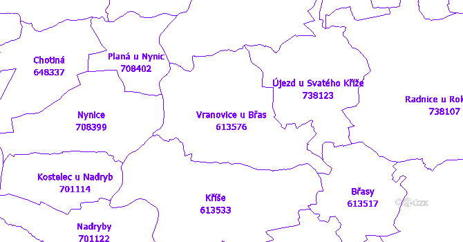 Katastrální mapa Vranovice u Břas - přehledová mapa katastrálního území
